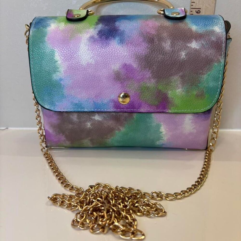 Vegan Multi Colored Tie-Dyed Crossbody With Gold Chain Shoulder Strap & Handbag